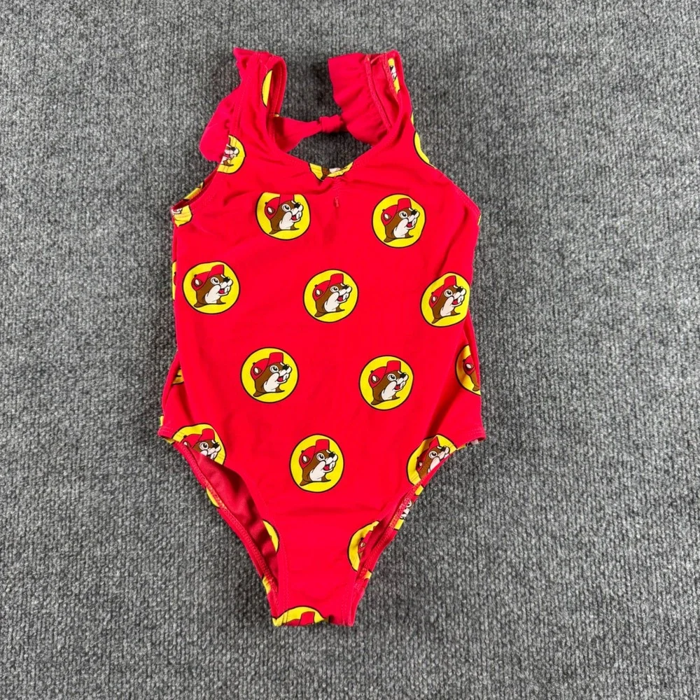 Buc-ee's Girls Red Beaver Logo One Piece Swimsuit Ruffle Straps Size 5T